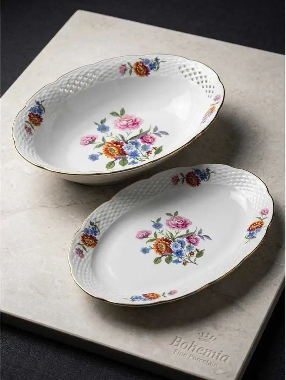 Vintage Czechoslovakian Floral Basket Weave Oval Serving Dishes Set of Two